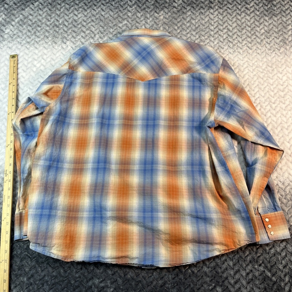 Wrangler Blue and Orange Plaid Western Pearl Snap Shirt - Picture 9 of 10